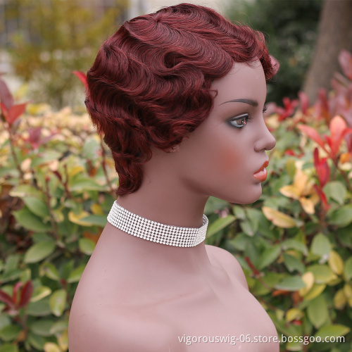 Vigorous Short Curly Cute Nuna Wigs Pixie Wigs for Women Finger Wave Human Hair Wig Wine Red